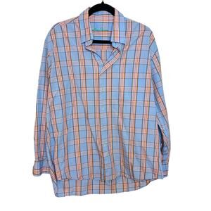 Alan Flusser Plaid Long Sleeve Button Men’s Shirt Blue Orange US L 100% Cotton
